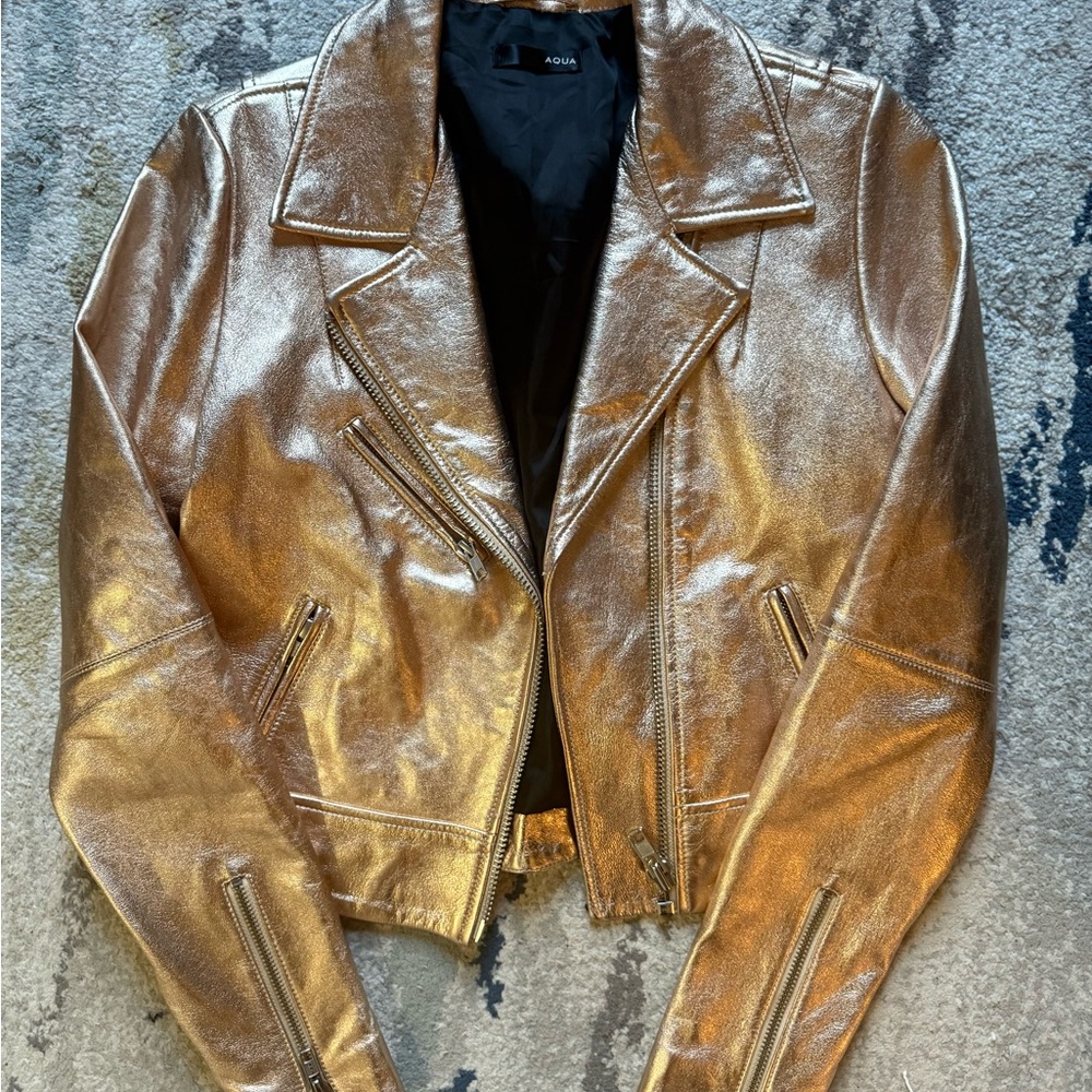 Aqua Shimmering Gold Leather Jacket